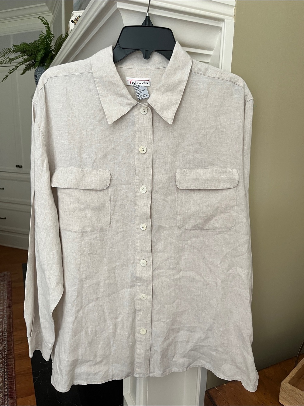 Talbots 100% Linen Button Down Long Sleeve Shirt Natural Beige Size 18